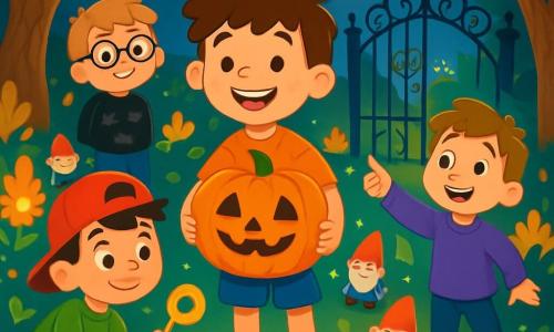 Er zijn 4 kinderen: - Sam: een 10-jarige jongen met rommelig bruin haar, in een oranje t-shirt en een blauwe korte broek. Hij staat in het midden en houdt een grote glimlachende pompoen vast. - Tim: een 9-jarige jongen met ronde brillen en blond haar. Hij draagt een zwarte trui met vleermuispatronen en staat iets naar achteren, terwijl hij verwonderd naar de anderen kijkt. - Max: een 10-jarige jongen met zwart haar en een achterstevoren rode pet. Hij zit links in een hurkpositie en houdt een glanzende oude sleutel in zijn hand. - Joost: een 8-jarige jongen met kastanjebruin haar en een stralende glimlach. Hij staat rechts en wijst naar een oud smeedijzeren hek dat opent naar een prachtige betoverde tuin. De locatie is een mysterieuze en magische Halloween-tuin, verlicht door felle bloemen met heldere kleuren, met bomen met kromme stammen en gouden bladeren. Op de achtergrond opent een groot smeedijzeren hek naar een feeërieke wereld, met fonkelende sterren in de nachtelijke lucht. De hoofdscène toont de kinderen die de magie van de Halloween-nacht ontdekken, omringd door blije kabouters en glanzende bloemen, terwijl ze zich voorbereiden om een fantastisch festival onder de maan te vieren.