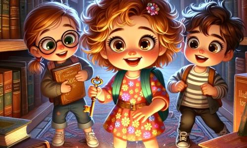 Een 3-jarig meisje, Lila, met krullend, goudkleurig haar en grote, nieuwsgierige ogen staat voor een oude bibliotheek. Ze draagt een kleurrijke jurk met bloemenpatronen en een kleine rugzak vol boeken. Haar gezicht straalt grote opwinding uit terwijl ze een glanzende sleutel in een oude doos ontdekt. Naast haar staat Sam, een 4-jarig jongetje met rommelig bruin haar en een gestreept t-shirt. Hij kijkt Lila met een verwonderde glimlach aan, terwijl hij een open boek in zijn handen houdt. Emma, een ander 3-jarig meisje met kastanjebruin haar en ronde brillen, zit dicht bij de geheime deur en observeert de scène aandachtig. De locatie is een oude bibliotheek met grote houten planken vol stoffige boeken, gedimde lichten en zachte tapijten op de vloer. Spinwebben versieren de hoeken en voegen een mysterieuze sfeer toe. De hoofdscène toont Lila, Sam en Emma die samen de magische sleutel ontdekken die een geheime deur zou kunnen openen, omringd door boeken en oude voorwerpen, klaar om het mysterie van de bibliotheek op te lossen.