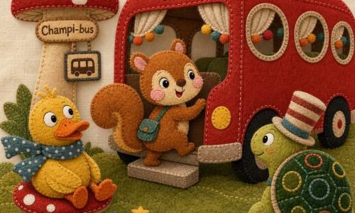 Una pequeña ratona-ardilla llamada Lola, alegre y sonriente, de pelaje rizado rojizo, sube a un autobús colorido apoyando una pata en la escalera; a la izquierda un pato excéntrico con gran bufanda de lunares la mira divertido; a la derecha una tortuga con sombrero de copa espera tranquila y sonriente; el autobús, con forma de sapo rodante, carrocería roja, ventanas redondas y sonrisa pintada, tiene ruedas de fieltro y cortinas con pompones; la parada es un seto de hongos rojos con puntos blancos sobre suelo verde y una placa bordada «PARADA: AQUÍ SE ESPERA CON SONRISA», con pequeñas hojas y estrellas de tela alrededor; la escena es tierna y absurda, con texturas cosidas y costuras visibles, ambiente cálido y lúdico.