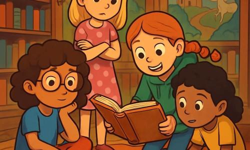 Er zijn 4 kinderen: - Zoë: een 10-jarig meisje met bruin, krullend haar, een ronde bril en een blauwe t-shirt. Ze zit op de grond, omringd door boeken, met een peinzende blik. - Noor: een 10-jarig meisje met blond, steil haar, gekleed in een roze jurk met stippen. Ze staat met gekruiste armen, nieuwsgierig naar het boek te kijken. - Mila: een 10-jarig meisje met een vlecht van rood haar, in een groene hoodie. Ze leunt naar voren met een grote glimlach, terwijl ze het oude boek vasthoudt. - Fien: een 10-jarig meisje met zwart, krullend haar, in een gele t-shirt. Ze zit op haar hurken en bladert door een ander boek naast Mila, met een geïntrigeerde uitdrukking. De locatie is een oude bibliotheek met grote houten planken vol kleurrijke boeken. De muren zijn versierd met muurschilderingen van sprookjesscènes. Het zachte licht van de lampen creëert een warme sfeer, terwijl zachte tapijten de houten vloer bedekken. De hoofdscène toont de kinderen die een oud, mysterieus boek ontdekken met vergeelde pagina's en een leren kaft. Ze zijn allemaal gefascineerd, leunend naar het boek, hun gezichten verlicht door de opwinding van het avontuur dat voor hen ligt.