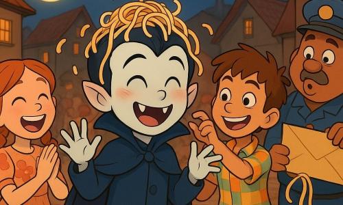 Piccolo vampiro Vladino, volto timido ma ridente, occhi brillanti e guance rosate, mantello blu scuro, zanne visibili e spaghetti incastrati in testa, ride con le mani alzate e busto leggermente inclinato in avanti; ragazzo Gino (circa 8 anni), capelli castani arruffati e sorriso furbo, camicia colorata, lo aiuta a togliere gli spaghetti, a destra sul palco; ragazza Lila (circa 9 anni), trecce rosse e vestito a fiori, applaude ridendo sullo sfondo a sinistra vicino a un pagliaio; fattorino Toto (uomo circa 30 anni), panzuto con uniforme un po' larga, tiene una grande busta da cui escono spaghetti, sul retro a destra con una smorfia comica; palcoscenico di legno al centro di una piazza lastricata con lanterne e ghirlande di stoffa, pubblico sfocato tra i tetti e luna piena visibile; atmosfera gioiosa, colori caldi e contrastati, espressioni esagerate, movimento dinamico (spaghetti penzolanti, cappello che cade, sedie che si muovono), stile cel-shading con ombre morbide e contorni marcati.