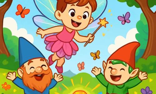 Una pequeña hada llamada Lila, con alas iridiscentes brillantes, vuela alegremente sobre un campo de flores multicolores. Su rostro está iluminado por una amplia sonrisa y sus ojos brillan de picardía y curiosidad. Lleva un vestido hecho de pétalos de flores en tonos rosa y violeta, y sostiene una pequeña varita mágica que emite chispas doradas. A su lado, dos gnomos alegres, uno con barba roja y un sombrero puntiagudo azul, y el otro con cabello verde y un sombrero rojo, saltan de alegría. Ríen juntos, rodeados de mariposas coloridas que bailan a su alrededor. El lugar es un hermoso bosque encantado, con árboles de troncos torcidos y hojas brillantes, y un cielo azul salpicado de nubes en forma de caramelos. Ríos de jugo de frutas serpentean entre las flores, creando una atmósfera mágica y alegre. La escena principal muestra a Lila y sus amigos riendo juntos tras descubrir la Gema de la Risa Eterna, que brilla en el centro, emitiendo destellos de luz dorada y llenando el aire de felicidad y risas.