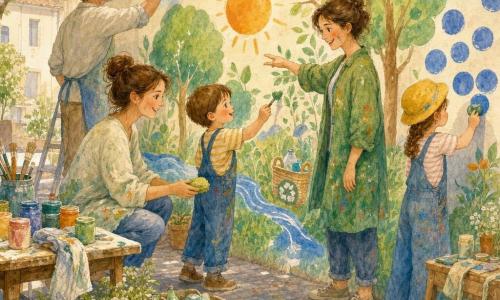 Un bambino di 4 anni dal viso rotondo e guance rosa, capelli castani corti, sorride stupito mentre dipinge foglie con un piccolo pennello verde; la madre, circa 30 anni, capelli castani raccolti in uno chignon e sorriso dolce, lo aiuta tenendo una spugna imbevuta di vernice verde; Marta, 25–30 anni, con una casacca verde macchiata, indica dove dipingere con la mano aperta; Sara, circa 7 anni, con un cappello giallo, tamponea il muro con un tappo blu per fare cerchi; il signor Omar, circa 60 anni con barba grigia corta, dipinge una nuvoletta bianca in alto al muro, leggermente dietro agli altri; la scena è in una piccola piazza lastricata e soleggiata con un grande muro chiaro come tela, tavoli con barattoli di vernice, stracci, scatole di recupero e piante in vaso; tutti dipingono una grande fresque sulla natura: alberi verdi, sole arancione, un ruscello blu e un piccolo cesto con il simbolo del riciclo, con gesti calmi e concentrati e allegre spruzzate di colore.