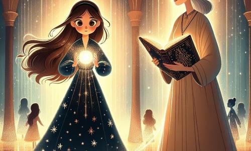 Lucia, eine junge Frau mit langen, schimmernden braunen Haaren und neugierigen Augen, steht im Mittelpunkt der Szene, umgeben von einem sanften goldenen Licht, das von einer magischen Kugel ausgeht. Sie trägt ein dunkelblaues Samtkleid mit sternförmigen Mustern, und ihr Gesicht drückt eine Entschlossenheit gepaart mit Staunen aus, während sie sich darauf vorbereitet, ihre Kräfte zu entfesseln. An ihrer Seite beobachtet ihre Großmutter, eine etwa siebzigjährige Frau mit silbernem Haar und weisem Blick, sie stolz. Sie trägt ein einfaches beiges Leinenkleid und hält ein altes, offenes Buch in ihren Händen, ihre Augen strahlen vor Wissen und Liebe. Der Hintergrund zeigt einen großen unterirdischen Raum mit Wänden, die mit funkelnden Kristallen bedeckt sind, die das Licht der Kugel reflektieren und ein schillerndes Farbenspiel erzeugen. Schatten tanzen an den Wänden und verleihen der Atmosphäre einen Hauch von Geheimnis. Die Hauptsituation zeigt Lucia, die bereit ist, die Magie der Kugel zu entfesseln, während ihre Großmutter sie mit einem wohlwollenden Lächeln ermutigt. Die Luft ist voller Energie, und man kann die Magie, die um sie herum vibriert, fast spüren, was ein außergewöhnliches Abenteuer verspricht.