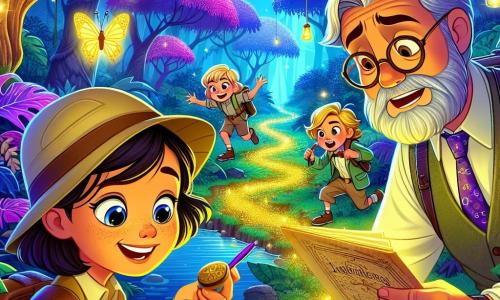 A young explorer, Mira, a 10-year-old girl, stands on a glowing moss path, her face beaming with excitement and determination. She wears a beige explorer hat and a backpack filled with tools, her brown hair gently swaying in the breeze. Next to her, Dr. Finn, a man around 50 with round glasses and a graying beard, frantically takes notes in his notebook, awed by the jungle's beauty. A little further away, twins Riko and Rina, two 9-year-olds with messy blonde hair, hide behind a tree, mischievously smiling, ready to play a prank. 

The setting is a magical jungle with trees adorned with shimmering purple leaves, illuminated by thousands of golden fireflies dancing in the air. Giant brightly colored flowers softly sing, adding an enchanting melody to the environment. 

The main scene shows Mira, full of courage, examining an ancient map, while the twins prepare to outpace her, creating an atmosphere of friendly competition and adventure.