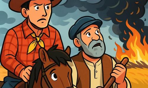 Ein Cowboy, ein Mann in seinen Dreißigern mit einem breiten Filzhut und einem rot karierten Hemd, steht fest auf seinem braunen Pferd Dusty. Sein Gesicht ist von Entschlossenheit und Besorgnis geprägt, seine leuchtenden Augen scannen den Horizont. Neben ihm steht ein Bootsführer namens Sam, ein Mann in seinen Fünfzigern mit einem grauen Bart und einer Lederweste, der ängstlich den dunklen Himmel betrachtet und ein Ruder in den Händen hält. Ihre Silhouetten heben sich vor einer Landschaft mit goldenen Wiesen ab, wo bedrohliche Wolken aufziehen und ein starker Wind das Gras zum Wogen bringt. Die Szene strahlt eine angespannte Atmosphäre aus, während im Hintergrund ein Präriefeuer mit tanzenden Flammen und aufsteigendem schwarzem Rauch sichtbar wird.
