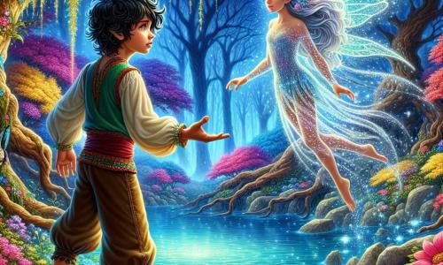 Aladdin, um jovem com cabelos negros e cacheados, usa uma calça larga e uma túnica colorida. Seu rosto expressa determinação e deslumbramento enquanto está à beira de uma magnífica lagoa encantada, cercado por flores vibrantes e árvores com folhas cintilantes. Ao seu lado, Malina, uma linda fada com asas translúcidas e brilhantes, parece triste, mas começa a sorrir, seus longos cabelos prateados flutuando suavemente na brisa. Ela está se libertando de seu feitiço, cercada por uma luz mágica que emana de seu coração. A paisagem é uma floresta encantada, com árvores gigantescas e troncos retorcidos, além de flores multicoloridas que dançam ao vento. A lagoa, de um azul brilhante, reflete as cores vivas da floresta, criando uma atmosfera mágica. A cena principal mostra Aladdin estendendo a mão para Malina, encorajando-a a reencontrar o amor e a alegria, enquanto uma aura de magia luminosa os envolve, simbolizando esperança e renascimento.