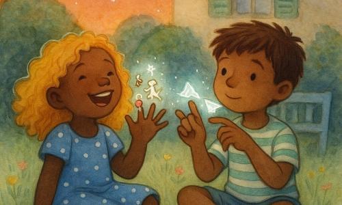 Hay dos niños de 7 años: una niña a la izquierda, pelo rizado dorado hasta los hombros, vestido de algodón azul con lunares blancos, sentada en la hierba riendo y mostrando los dedos abiertos hacia el cielo; un niño a la derecha, pelo castaño corto y despeinado, camiseta a rayas verde y blanca y pantalón vaquero corto, sentado junto a ella haciendo gestos de baile con los dedos mientras mira las estrellas; ambientado en un jardín de pueblo al crepúsculo con hierba verde, pequeñas flores silvestres rosas y amarillas, arbustos redondeados, un viejo banco de madera azul pálido y una casa crema con contraventanas verdes difuminadas; cielo anaranjado que se funde en azul noche con algunas estrellas; ambos muestran las manos como si cada dedo contuviera objetos imaginarios —caramelos de colores, un perro bailarín en miniatura, un dinosaurio verde, una montaña de hielo y un avión de papel—, con atmósfera suave y alegre, luz cálida del ocaso, texturas acuareladas y realces blancos en los contornos de los dedos y las estrellas.