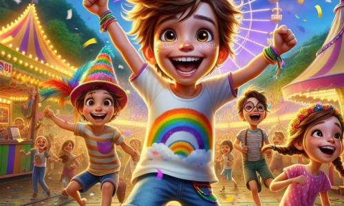 An 8-year-old boy, Sammy, with messy brown hair and a big smile, is wearing a colorful t-shirt featuring a rainbow and a feathered hat. He is jumping for joy with his arms raised to the sky, surrounded by falling colorful confetti. Next to him, Lily, a 7-year-old girl with braided blonde hair and a polka-dotted pink dress, laughs while throwing confetti in the air. Max, an 8-year-old boy with glasses and brown hair, holds a colorful flag and smiles at Sammy. The setting is a vibrant carnival park filled with game booths, colorful rides, and floating balloons. String lights decorate the trees, and a brightly lit Ferris wheel stands in the background under a bright blue sky. The scene shows Sammy and his friends celebrating the discovery of a treasure of joy, surrounded by laughter and colors, while children dance and have fun around them, creating a festive and magical atmosphere.