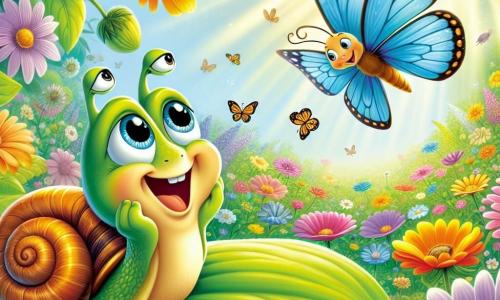 Silvio, un pequeño caracol con una concha espiral brillante y ojos llenos de curiosidad, se encuentra sobre una hoja verde, mirando con asombro un jardín colorido lleno de flores con pétalos brillantes. Expresa una emoción de alegría y asombro, con sus antenas levantadas hacia el cielo. A su lado, Lila, una mariposa con alas azul cielo y naranja brillante, vuela graciosamente, sonriendo como si invitara a Silvio a explorar más. Ella está suspendida en el aire, justo encima de Silvio, iluminada por la luz del sol. El lugar es un jardín mágico, donde las flores bailan suavemente con la brisa, creando una atmósfera de sueño y descubrimiento. La situación principal muestra a Silvio, maravillado por la belleza del jardín, preparándose para hacerle una pregunta a Lila sobre las maravillas del mundo que lo rodea, simbolizando su búsqueda de curiosidad y conocimiento.