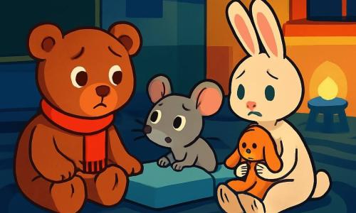 Teddy, a soft brown teddy bear wearing a red scarf, has a worried look and round eyes, sitting on a plush carpet in a dark classroom surrounded by darkness. Milo, a small gray mouse with big ears, is lying on his mattress with wide eyes in fear, whispering to Teddy. Lila, a white rabbit with big paws, sits next to Milo holding a plush toy, looking nervous. The classroom has colorful walls but the lights are off, creating dancing shadows on the floor. A soft night light shines in a corner, adding warmth to the atmosphere. Teddy, a bit scared of the dark, takes a deep breath, seeking comfort from his friends in this fearful moment.