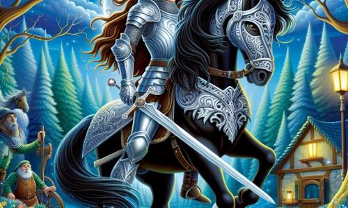 An intrepid knightess, Lady Elara, stands proudly at the center of the scene, her silver armor shimmering under the full moonlight. Her long brown hair flows in the wind, and her face expresses fierce determination, with eyes shining with courage. She brandishes her sword, ready to face the challenge ahead. Beside her, a majestic black horse named Shadow, with powerful muscles and a flowing mane, stands nobly, sharing his rider's boldness. In the background, an old man, the village innkeeper, with a bushy beard and twinkling wise eyes, watches the scene with an encouraging smile, holding a mug of cider. The setting is an enchanted glade surrounded by majestic trees with silver leaves, illuminated by the soft glow of the moon. Luminescent flowers dot the ground, and a light mist floats, adding a touch of mystery to the atmosphere. The main focus shows Lady Elara preparing to confront a mythical creature, her gaze fixed with unwavering determination, ready to prove her courage and defend her kingdom.