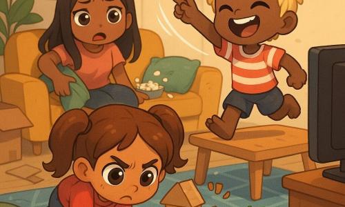 A warm, slightly messy living room in bright, soft lighting (mustard sofa, blue rug, light wood coffee table, black TV screen, scattered cushions, cardboard boxes and tape) shows three chibi-kawaii children investigating a missing remote: a mischievous, concentrated 12-year-old girl with brown pigtails kneels on a geometric rug building a cardboard castle and examines a small paper footprint nearby; her 6–8-year-old blond little brother stands on the coffee table with tousled hair, grinning dramatically and making a “whoosh” with a paper airplane as an “clue”; their 15–16-year-old sister with loose black hair and a mock-exasperated look sits on the sofa beside a spilled bowl of popcorn, peering under a cushion.