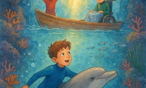 Three boys in a vast underwater cavern: Ethan, 11, short chestnut hair in a blue wetsuit, awe‑struck, swims at the center guided by a taupe-gray dolphin toward a golden column of light; Leo, 10, tousled blond hair in a red wetsuit, stands at the bow of a small wooden boat visible through the cave opening above, arms raised; Max, 11, black hair and thin glasses in a green wetsuit, sits in a secure wheelchair on the boat holding a blanket and looking anxiously at the water; the cavern has speckled rock walls, pink and orange coral gardens, purple anemones, swaying green seagrass, schools of silvery fish, soft bubbles and a gentle current.