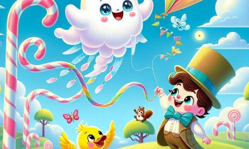 A cheerful ghost named Wimbus floats in the air, his cloud-like body a bright pink, wearing a large sparkling hat filled with glitter. His eyes shine with excitement as he holds a colorful heart-shaped kite, ready to soar into the sky. Next to him, a small boy duck in a stylish blue bow tie looks in wonder at the kite. He stands on a green hill, his yellow feathers shimmering in the sun. A squirrel with a monocle, a mischievous boy with brown hair, climbs a nearby tree, laughing as he tries to catch the kite tangled in the branches. The setting is a sunny hill dotted with colorful flowers and large candy-striped trees, under a clear blue sky with fluffy clouds floating gently. The main scene shows Wimbus and his friends laughing and having fun as they attempt to fly the kite, creating a joyful and playful atmosphere filled with laughter and vibrant colors.