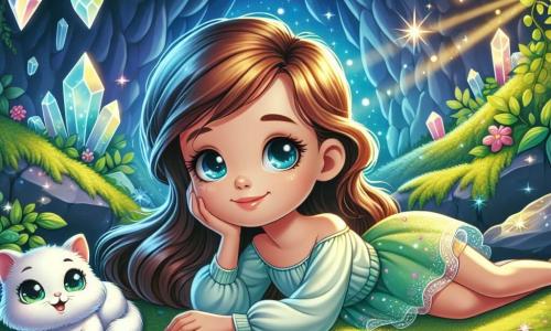 Osiemletnia dziewczynka Zosia, z długimi brązowymi włosami i błyszczącymi oczami pełnymi ciekawości, leży na miękkim zielonym dywanie z mchu w magicznej jaskini. Ma spokojny uśmiech, a jej policzki są lekko zarumienione, co wskazuje, że czuje się bezpiecznie i szczęśliwie. Obok niej leży mały biały kotek z błyszczącymi oczami i jedwabistym futrem, który cicho mruczy i wtula się w nią. Jaskinia jest oświetlona błyszczącymi kryształami, które rzucają miękkie, kolorowe światła na ściany, tworząc spokojną i bajkową atmosferę. Zielone liany i świecące kwiaty zdobią podłogę, dodając magii temu czarującemu miejscu. Zosia, leżąc na dywanie z mchu, zamyka oczy i słucha łagodnych szeptów swojej poduszki, która opowiada jej uspokajające historie, podczas gdy kotek mruczy obok, tworząc atmosferę spokoju i harmonii.