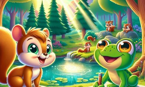 In einem kleinen sonnigen Wald schaut Albert, ein Eichhörnchen mit funkelnden Augen und golden-braunem Fell, bewundernd auf einen wunderschönen glitzernden Teich. Er ist fröhlich und neugierig, seine kleinen Pfoten erhoben, als wäre er bereit, sich zu stürzen. Neben ihm sitzt Felix, ein grüner Frosch mit gelben Flecken, auf einem Stein und hält ein großes Skizzenbuch. Er hat ein begeistertes Lächeln und seine Augen funkeln vor Aufregung, während er die Landschaft zeichnet. Der Wald ist voller bunter Blumen, großer Bäume mit grünen Blättern und einem klar blauen Himmel, was eine magische und friedliche Atmosphäre schafft. Albert und Felix erkunden gemeinsam diesen neuen Ort und feiern ihre Freundschaft sowie die Bedeutung der Zusammenarbeit, wobei jeder seine einzigartigen Talente einbringt.