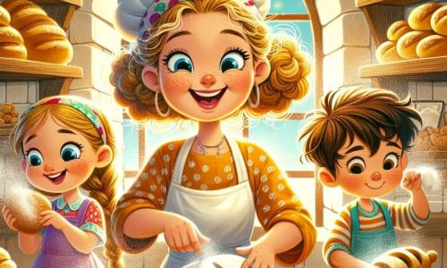 Una panadera, Lucía, sonriente y llena de vida, se encuentra en el centro de la escena. Tiene el cabello rizado y despeinado, cubierto de harina, y lleva un gran delantal colorido. Sus ojos brillan de emoción mientras moldea una masa de pan en forma de tortuga. A su lado, tres niños: Nora, una niña de 8 años con trenzas y una sonrisa traviesa, que espolvorea harina sobre la mesa; Mateo, un niño de 9 años con cabello castaño, soñador, que observa atentamente la masa; y Leo, un niño de 7 años, con mejillas redondas y una mirada curiosa, que intenta moldear un pan en forma de estrella. La escena tiene lugar en una acogedora panadería de madera, con estanterías llenas de panes dorados y pasteles coloridos. Rayos de luz filtran a través de las ventanas, iluminando la harina en el aire. Lucía y los niños se dedican alegremente a crear panes con formas divertidas, llenos de risas y creatividad, mientras el delicioso olor del pan recién horneado llena el aire.