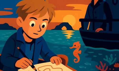 An 8-year-old boy with tousled light brown hair and a focused, amazed expression sits in a small varnished wooden dinghy wearing a light jacket with a wetsuit peeking out, holding a large white parchment and graphite pencil as he draws lines on a map; Captain Mira, about 35–40, fair-skinned with black hair in a bun and a calm, kind gaze, stands on the deck of a larger ship at the right background with a hand on the rail, watching proudly; a small silver lanternfish to the left emits a pale yellow glow while a tiny coral-hued seahorse hovers by the parchment as if pointing; the scene is a calm dusk sea with turquoise-to-deep-green water, golden sun reflections, schools of silver fish, colorful coral visible below, and a row of bioluminescent stones forming a glowing trail to a dark cave on the horizon; mood soft, magical and adventurous, palette of deep blues, turquoises, coral and bright yellow.