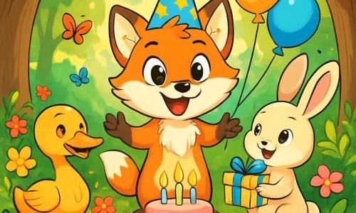Ein junger, verspielter Fuchs namens Finn steht im Mittelpunkt der Szene, trägt einen bunten Geburtstags Hut mit glitzernden Sternen. Seine strahlenden Augen und sein breites Lächeln zeigen seine Aufregung über seinen Geburtstag. Er ist umgeben von bunten Wildblumen und glänzend grünen Blättern. Rechts von ihm schaut Mümmel, ein niedlicher kleiner Hase mit großen Ohren und weichem, weißem Fell, überrascht und fröhlich zu Finn. Er hält ein kleines Geschenk in seinen Vorderpfoten, bereit, es seinem Freund zu geben. Links schwimmt Emmy, ein anmutiger Schwan mit goldenen Federn, in einem kleinen Teich und strahlt vor Freude, als sie ihren Freund feiert. Der Hintergrund ist ein verzauberter Wald mit majestätischen Bäumen und Sonnenstrahlen, die durch die Blätter filtern und leuchtende Muster auf den Boden werfen. Bunte Schmetterlinge fliegen herum und verleihen der Atmosphäre einen Hauch von Magie. Die Hauptsituation zeigt Finn, umgeben von seinen Freunden, die eine Geburtstagsüberraschung entdecken: einen kleinen Kuchen mit glitzernden Kerzen auf einem flachen Stein, während Luftballons fröhlich in der Luft schweben.