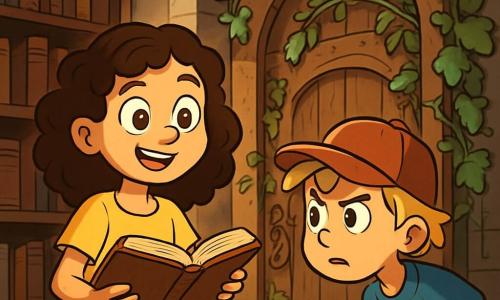 Een 10-jarig meisje, Lisa, met bruin, krullend haar, grote nieuwsgierige ogen en een verwonderde glimlach, staat voor een oude houten deur versierd met klimop in een stoffige bibliotheek. Ze draagt een felgele t-shirt en een spijkerbroekshort, terwijl ze een oud open boek in haar handen houdt, haar ogen sprankelend van opwinding. Naast haar staat haar vriend Tom, een 10-jarig jongetje met blond, rommelig haar en een vastberaden blik, die aandachtig naar de deur kijkt. Hij draagt een rode pet en een blauwe t-shirt, en leunt iets naar voren, klaar om het onbekende te betreden. De plek is een oude bibliotheek met donkere houten planken vol boeken met versleten omslagen, terwijl lichtstralen door stoffige ramen filteren en een mysterieuze en magische sfeer creëren. De belangrijkste situatie toont Lisa en Tom, geïntrigeerd en opgewonden, voor de geheime deur van de bibliotheek, klaar om het verborgen mysterie daarachter te ontdekken, met een voelbare sfeer van avontuur en nieuwsgierigheid in de lucht.