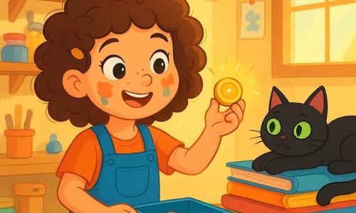A young woman named June, with curly hair and paint splatters on her cheeks, smiles enthusiastically as she holds a shiny button in her hand. Her eyes sparkle with curiosity and joy. Next to her, a black cat named Miso, with bright green eyes, lounges on a pile of colored pencils, attentively watching June's work. Their workshop is a bright little garage filled with odds and ends: shelves loaded with paint pots, tools scattered on a wooden table, and drawings hanging on the walls. Sunbeams filter through a window, bathing the scene in soft golden light. June is testing her invention, a magical button that emits a soft glow and a gentle hum, as she places a small pebble in a polka-dotted box. The atmosphere is filled with excitement and creativity, with bursts of laughter and vibrant colors dancing around them.