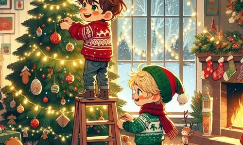 En un acogedor salón, dos niños, Lucas y Martín, decoran un gran árbol de Navidad. Lucas, de 8 años, tiene el cabello castaño desordenado y lleva un suéter rojo con un reno. Está de pie en una pequeña escalera, colocando una estrella dorada en la cima del árbol. Martín, también de 8 años, tiene el cabello rubio y lleva un gorro navideño verde. Está al lado de Lucas, sosteniendo una guirnalda luminosa que se prepara para envolver alrededor de las ramas. El salón está lleno de luces brillantes y decoraciones coloridas. Una chimenea crepita, proyectando un suave resplandor dorado en las paredes decoradas con copos de nieve de papel. Galletas navideñas están sobre la mesa, y copos de nieve caen suavemente afuera por la ventana. Lucas y Martín, llenos de entusiasmo, decoran su árbol mientras cantan villancicos alegres. La atmósfera es festiva y mágica, llena de la emoción de la temporada navideña.