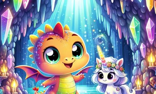 Un pequeño dragón con escamas brillantes de colores vivos y grandes ojos chispeantes de curiosidad se encuentra en el centro de una cueva mágica. Lanza chispas multicolores que iluminan la habitación, su rostro radiante de alegría y asombro. A su lado, un unicornio de pelaje plateado y un cuerno brillante que cambia de color observa con una sonrisa admirativa, sus ojos llenos de entusiasmo. Un elfo de orejas puntiagudas, con una corona de flores, se queda un poco atrás, con los brazos cruzados y una sonrisa cómplice, admirando la escena con expresión de felicidad. La cueva está tapizada de cristales brillantes que reflejan la luz de las chispas del dragón, creando un espectáculo de colores vivos en las paredes. En esta escena, el dragón y sus amigos descubren un antiguo libro de magia, con rostros iluminados por el hallazgo, llenos de emoción y aventura, listos para sumergirse en un mundo de conocimientos encantados.