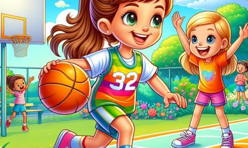 O fată de 12 ani, Maria, se află în centrul imaginii, având părul lung și brunet prins într-o coadă de cal. Ea poartă un maieu colorat de baschet și pantaloni scurți, iar fața ei radiază de bucurie și determinare în timp ce driblează mingea de baschet cu agilitate. La dreapta ei, Ana, o altă fată de 12 ani, are părul blond și poartă un tricou și pantaloni scurți asortați. Ea zâmbește și o încurajează, ridicând brațele în aer, pregătită să aplaude isprava Mariei. În fundal, terenul de baschet este vibrant, înconjurat de copaci verzi și flori colorate, cu un cer albastru deschis presărat cu nori albi. Copiii se joacă și râd în jur, creând o atmosferă veselă și dinamică. Scena o arată pe Maria driblând cu entuziasm, pregătită să arunce la coș, în timp ce Ana o încurajează cu un zâmbet larg, surprinzând spiritul de echipă și pasiunea pentru sport.