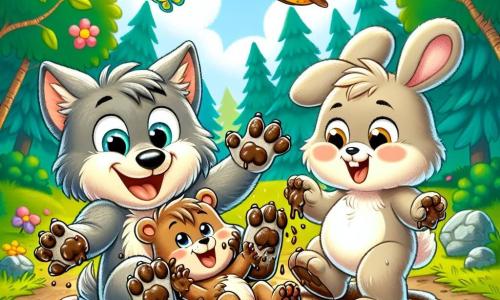 An illustration depicts a small wolf, a boy with gray fur and sparkling eyes, laughing uproariously as he rolls in a puddle of mud, his paws covered in dirt. Next to him is a teddy bear, a tall boy with brown fur and a warm smile, bursting with laughter as he tries to catch a small mud pie rolling toward him. A little bunny, a girl with white fur and long ears, stands a bit further away, her eyes wide with surprise while laughing at the situation, her paws also muddy. The setting is a sunny clearing in the heart of a forest, where tall trees with green leaves sway gently in the wind, and colorful flowers dot the muddy ground. The main scene shows the three friends having fun together, making mud pies while laughing and playing, with mud splashes around them, illustrating joy and friendship. Additional graphic elements include butterflies fluttering around them, leaves falling from the trees, and a blue sky dotted with fluffy white clouds, adding a touch of magic to this cheerful scene.