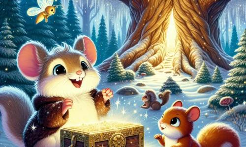 Nibbles, a small rodent with big ears and fluffy fur, stands joyfully in front of the Great Oak, his eyes sparkling with excitement as he discovers a mysterious shimmering box buried in the snow. Beside him, Fluff, a plump squirrel with a bushy tail, approaches with a delighted smile, his tiny paws twitching with enthusiasm. Twinkle, a glowing firefly, flits around them, illuminating the scene with her soft golden light, her face radiating curiosity. The setting is an enchanted forest, where majestic trees are covered in a thick layer of sparkling snow, and the ground is dotted with twinkling flakes reflecting the sunlight. The Great Oak, imposing and majestic, stands at the center, its branches adorned with ice crystals that sparkle like diamonds. The main scene shows Nibbles opening the mysterious box, a magical glow emanating from within, while his friends gather around, captivated by the discovery, creating an atmosphere of magic and wonder.