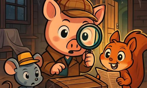 No centro da imagem, Benny, um pequeno porquinho detetive travesso, com um chapéu de detetive e uma lupa nas patas, exibe uma expressão de intensa curiosidade, seus olhos brilhantes e orelhas em pé. À sua direita, Lili, uma esquile travessa com grandes olhos brilhantes, segura um velho jornal e sorri entusiasticamente, suas pequenas patas agitadas. À esquerda, Max, um corajoso camundongo com um pequeno chapéu de palha, olha ao redor com uma expressão determinada, pronto para explorar. O cenário é uma velha casa abandonada, com paredes de madeira deterioradas, janelas empoeiradas e uma porta entreaberta que deixa entrever uma luz misteriosa. Teias de aranha pendem nos cantos, e móveis antigos estão cobertos com lençóis brancos. A cena mostra Benny, Lili e Max descobrindo um velho baú no porão escuro, cercados de poeira e mistério, enquanto se preparam para abrir o baú e revelar seu conteúdo secreto.