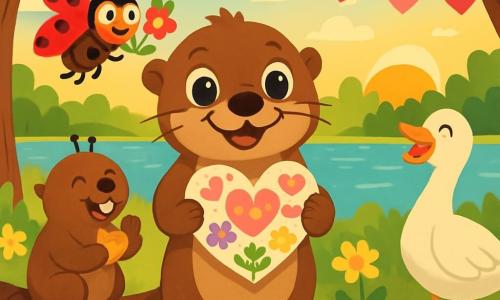 Oliver the otter, an adorable little otter with sparkling eyes and soft brown fur, joyfully smiles while holding a large paper heart decorated with colorful drawings. He stands at the center of a Valentine's Day party, surrounded by his friends. Lily the ladybug, with her red wings and black spots, flies around Oliver, her eyes shining with excitement, adding colorful flowers to the decorations. Benny the beaver, with his brown fur and big white teeth, sits on a log, laughing and holding heart-shaped crackers, while Grace the goose, with her bright white feathers and graceful neck, happily sings beside them. The setting is a beautiful riverbank adorned with vibrant flowers and paper heart garlands hanging from tree branches. The setting sun bathes the scene in golden light, creating a warm and festive atmosphere. The main situation shows Oliver and his friends celebrating together, surrounded by games, sweet treats, and laughter, sharing moments of joy and friendship at their Valentine's Day party.