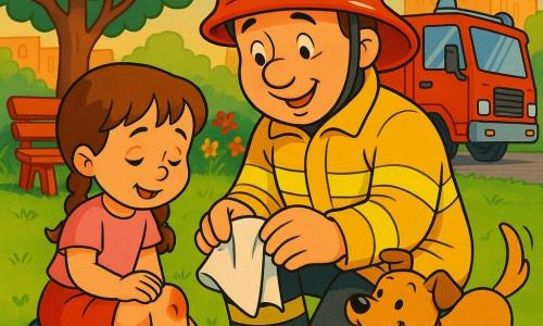 Un bombero sonriente y amable, casco rojo brillante y chaqueta amarilla con bandas reflectantes, está arrodillado y cura una pequeña herida en la rodilla de Sofía con un pañuelo blanco; Sofía, de unos 5 años, con trenzas castañas y falda rosa, está sentada en la hierba con la mano en la rodilla y expresión de alivio; un perrito pequeño color marrón claro mueve la cola junto a los pies del bombero; al fondo un parque urbano soleado con césped verde, un árbol de hojas redondeadas, un banco rojo, flores coloridas y un camión de bomberos rojo a pocos metros; luz cálida de final de tarde, atmósfera segura y amigable, colores saturados, contornos nítidos, estilo de dibujo animado de los años 90, líneas gruesas y texturas simples, expresiones claras para niños de 4 años.