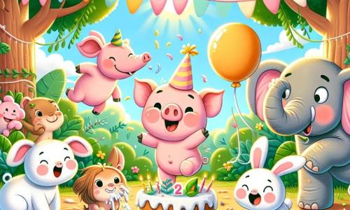 A joyful pig named Porky, with pink fur and round cheeks, dances with a big smile on his face, his little ears pointing up, in the middle of a colorful party. Next to him, Ellie the elephant, a large gray elephant with big ears and a party hat, bursts into laughter while holding a deflated balloon. Benny the rabbit, a small white rabbit with big ears, sits on the ground covered in flour, laughing at his own clumsiness. The scene takes place in a sunny jungle clearing, surrounded by green trees and bright flowers, with colorful garlands hanging between the branches. In the center, a large carrot cake is placed on a checkered tablecloth, while bananas are scattered around. Porky, Ellie, and Benny are having fun together, dancing and laughing, as jungle animals surround them, creating a festive and joyful atmosphere.