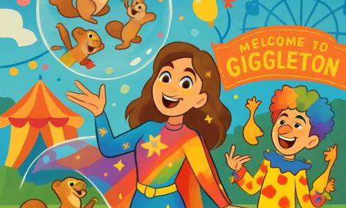 A superheroine named SparkleSpritz, a woman in her twenties, stands at the center of the image, radiant and full of energy. She wears a sparkling rainbow costume, with bright stars and colorful bubbles floating around her. Her face expresses joy and excitement, her eyes sparkling with mischief. Next to her, Chuckles, a 10-year-old clown boy with a big red nose and a multicolored wig, juggles plastic chickens that make funny sounds. He smiles widely, adding a touch of cheer to the scene. The two characters are surrounded by mischievous little squirrels, who watch with curiosity and wonder. The setting is a colorful amusement park, with bright rides, floating balloons, and sparkling light garlands. In the background, there is a large sign reading 