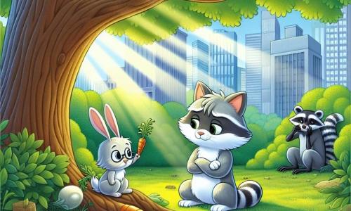 An illustration depicts a young cat, a boy with bright, curious eyes, sitting under a large oak tree. His soft fur is striped gray and white, and he has a determined expression, ready to defend his friend. Next to him, a small rabbit, a boy with long, droopy ears, timidly looks at the ground, his face showing slight sadness as he nibbles on a carrot. A little further away, a raccoon, a boy with black and gray fur, stands back, looking guilty with his paws crossed over his chest, realizing the impact of his teasing. The main setting is a sunny corner of the forest, with rays of light filtering through green leaves, illuminating the ground covered with wildflowers and soft grass. The main situation shows the young cat encouraging the little rabbit to talk to their teacher, while the raccoon in the background seems to reflect on his past actions, ready to change. Other graphic elements include colorful butterflies flying around, birds singing in the trees, and a warm, welcoming atmosphere that contrasts with the moment of tension, symbolizing hope and friendship.