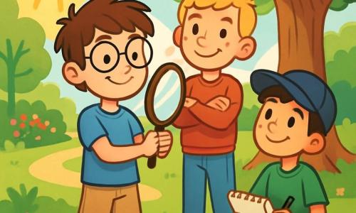 There are 3 characters: Eli, a 10-year-old boy with messy brown hair and round glasses, wearing a blue t-shirt and beige shorts, holding a mirror and smiling confidently at his reflection; Max, also 10, with blond hair and freckles, wearing a red sweatshirt and jeans, standing next to Eli with crossed arms and a big supportive smile; and Sam, a 10-year-old boy with black hair and a baseball cap, wearing a green t-shirt and black shorts, sitting on the grass with a sketchbook, admiring Eli. The scene takes place in a sunny park filled with majestic trees and colorful flowers, with a large oak tree providing shade in the center and bright green grass scattered with pink and yellow flower petals. In the background, there is a winding path lined with flowering bushes. The main situation shows Eli holding the mirror, realizing his self-confidence, while Max and Sam encourage him with joyful expressions, as sunlight filters through the leaves, creating a magical and inspiring atmosphere.