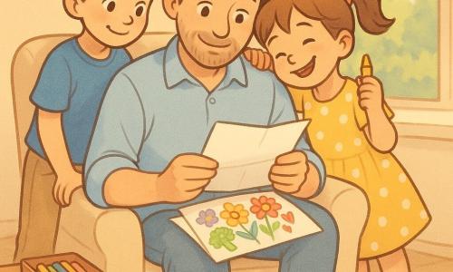 Three characters: Dad (adult man) with short brown hair and light beard, wearing a light blue shirt and jeans, seated in a cream fabric armchair by a window holding a folded white letter and a small bouquet of colorful drawings on his lap, smiling gently at the children; Leo (boy, 6) with short chestnut hair, blue t‑shirt and khaki pants, standing left of Dad leaning on the armrest, looking at the letter with a shy, bright-eyed smile; Mia (girl, 6) with a brown ponytail in a yellow polka-dot dress, standing right of Dad with her head on his shoulder, holding a yellow crayon as if she just drew, laughing eyes. Setting: bright living room with a window overlooking a green garden, warm morning light through a sheer curtain, cream armchair, small wooden table with a box of worn crayons, soft patterned rug and scattered plush toys. Main scene: intimate, joyful moment as Dad emotionally discovers the open letter and the children's vivid drawings (red flowers, green broccoli character, red hearts, yellow sunflowers), the yellow crayon visible like a trophy, warm pastel colors and tender expressions centered on the trio and the letter on Dad’s lap.