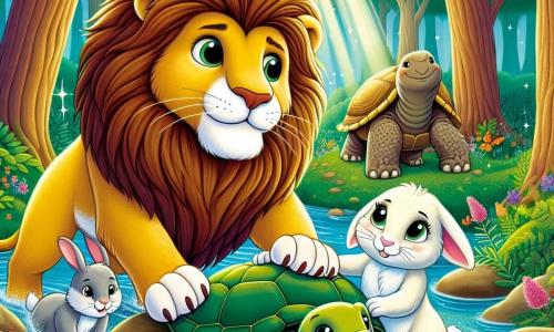 A majestic lion named Leo, with a shimmering golden mane, stands proudly by a river, his face showing determination and courage. Beside him, Tilly the little rabbit with big ears and soft white fur watches with bright eyes, ready to help. Ollie, the wise turtle with a green, rough shell, slowly stands behind them, wearing an encouraging smile. In the background, the Whispering Forest is filled with thick-trunked trees and colorful flowers, while the sun shines through the leaves, creating dancing shadows on the ground. The scene shows Leo and his friends united, together pushing a huge rock that blocks the river's flow, with sparkling water splashes around them, illustrating their teamwork and spirit of cooperation.