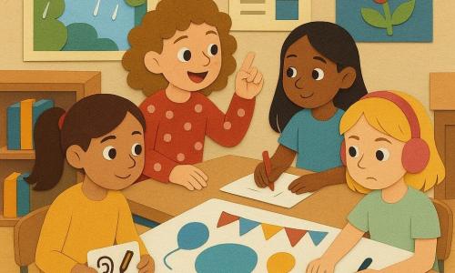 Vier kinderen van 8 jaar zitten in een lichte klas rond een grote witte blad op een tafel: Noor (bruin haar in paardenstaart, mosterdgele jas) laat een kaartje met pictogrammen zien; Lina (lichtbruin krullend haar, rode trui met witte stippen) schuift ideeën naar voren; Sara (blond bob, roze oordopjes, lichtgroen T-shirt) luistert geconcentreerd; Yara (lang zwart haar, blauwe jurk) tekent een grote kleurige affiche; de klas is zonnig, houten tafels, open raam met natte bladeren buiten, verfspatten op de vloer en een boekenplank met kleurige boeken.