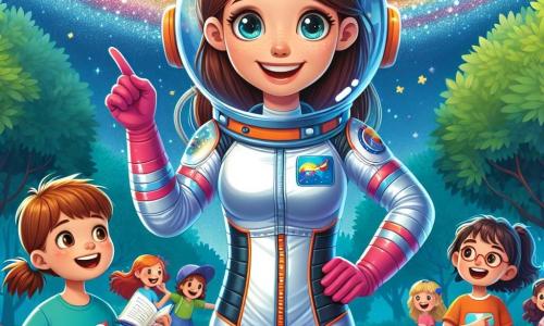 În centrul imaginii, Ana, o femeie astronaut de aproximativ 27 de ani, stă în picioare în costumul ei spațial strălucitor, cu un zâmbet mare pe față și ochii strălucind de entuziasm. Părul ei brun este prins într-o coadă de cal, iar casca este ușor înclinată pe o parte, lăsând să se vadă fața ei radiantă. Ea arată spre cerul înstelat, ca și cum ar împărtăși un secret minunat cu copiii din jurul ei. În dreapta ei, Alex, un băiat de 8 ani cu părul castaniu și ochi curioși, o privește pe Ana cu admirație. El poartă un tricou cu o rachetă desenată și ține în mâini o carte mică despre spațiu, cu ochii mari de uimire. În fundal, un parc verde este vizibil, cu copaci cu frunze strălucitoare și flori colorate care adaugă viață scenei. Copiii se joacă și râd, în timp ce un cer nocturn plin de stele sclipitoare se întinde deasupra lor, creând o atmosferă magică. Situația principală o arată pe Ana explicând cu entuziasm minunile universului lui Alex și altor copii, invitându-i să viseze și să își imagineze propriile aventuri în spațiu.