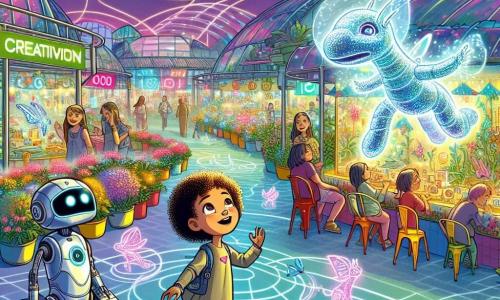 Ziri, un pequeño robot explorador con ojos brillantes y un cuerpo metálico reluciente, se encuentra en el centro de la escena, mostrando una expresión de curiosidad y asombro. Observa a un grupo de niños, entre ellos Lía, una niña de cabello rizado y ojos chispeantes, que ríe alegremente mientras corre tras un dragón de cristal brillante. El lugar es el vibrante Mercado de la Creatividad, lleno de puestos coloridos donde se exhiben inventos futuristas, rodeado de edificios de vidrio y metal que reflejan los colores del cielo. Drones-jardineros vuelan por encima, polinizando flores luminosas que bordean los caminos. La situación principal muestra a Ziri compartiendo su experiencia de ensueño con los niños, incitándolos a imaginar y crear, mientras hologramas de sus ideas flotan a su alrededor, iluminando el espacio con colores vibrantes y entusiasmo.
