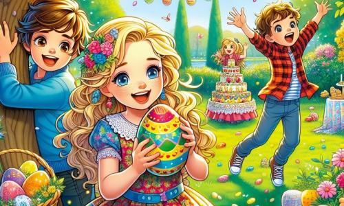 Una niña de 12 años, llamada Sofía, con largas trenzas rubias y un vestido colorido, sonríe alegremente sosteniendo un huevo de Pascua decorado con colores vivos. Está rodeada de sus dos amigos: Lucas, un niño de 11 años con cabello castaño y gafas, que se arrodilla para buscar un huevo escondido detrás de un árbol, y Martina, una niña de 10 años con cabello rizado y una falda de flores, que lo anima levantando los brazos. La escena tiene lugar en un parque soleado, lleno de flores brillantes y árboles majestuosos, con guirnaldas de papel colorido colgadas entre las ramas. Al fondo, se ve una gran mesa decorada con pasteles y golosinas de Pascua. Sofía, llena de entusiasmo, participa en una alegre búsqueda de huevos, buscando con sus amigos los huevos escondidos mientras ríen y se divierten, creando una atmósfera festiva y mágica.