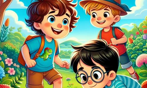 Em um parque ensolarado, três meninos estão em plena aventura. Lucas, um menino de três anos, tem cabelos cacheados e usa uma camiseta azul com um pequeno dinossauro. Ele está sentado na grama, sorrindo, com um olhar curioso. À sua direita, João, um menino de quatro anos, tem cabelos loiros e usa um chapéu de pirata. Ele segura uma lupa na mão, pronto para procurar o tesouro. À esquerda, Pedro, um menino de cinco anos, tem cabelos negros e usa uma camiseta vermelha. Ele se inclina para frente, olhando sob um arbusto com emoção. O parque está cheio de flores coloridas, árvores majestosas e um céu azul com algumas nuvens brancas. Os meninos estão procurando um tesouro escondido, vasculhando sob as folhas e ao redor das árvores, com expressões de alegria e determinação. Lucas, embora cansado, brilha de felicidade, cercado por seus amigos que o incentivam na busca.