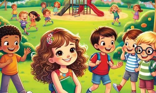 En un parque soleado, vemos a **Sofía**, una niña de ocho años con cabello rizado y un vestido colorido, que sonríe alegremente mientras sostiene un libro en sus manos. A su lado está **Lucas**, un niño de ocho años con gafas y un pequeño andador, que ríe al compartir un chiste con Sofía. Un poco más lejos, **Tomás**, un niño de nueve años con cabello rubio y una camiseta roja, observa con una expresión burlona, rodeado de otros dos niños que ríen con él. El parque está lleno de flores coloridas, árboles verdes y un gran área de juegos donde otros niños se divierten. El cielo es azul con algunas nubes blancas, y la atmósfera es alegre, aunque hay una tensión alrededor de Tomás y su grupo. La situación principal muestra a Sofía y Lucas, unidos y valientes, enfrentando a Tomás para defender a su amigo, con expresiones decididas en sus rostros. Sofía levanta la mano para hablar, mientras Lucas sonríe con confianza, demostrando que la amistad y el respeto pueden triunfar sobre las burlas.