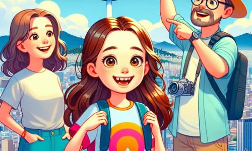 Una ragazza di 12 anni, Sofia, con lunghi capelli castani e occhi pieni di curiosità, si trova in cima alla Namsan Tower a Seul. Indossa una maglietta colorata e pantaloni corti, sorridendo con meraviglia mentre guarda il panorama della città che si estende a perdita d'occhio. Accanto a lei, sua madre, una donna di circa 40 anni con capelli castani e occhiali, scatta una foto con la sua macchina fotografica, mostrando un sorriso caloroso. Suo padre, un uomo di circa 42 anni con una leggera barba e un cappello da sole, indica un'attrazione lontana, condividendo il suo entusiasmo con la figlia. La Namsan Tower è un luogo iconico che sovrasta Seul, circondato da un cielo blu brillante e nuvole bianche e soffici. In basso, la città è un mix di grattacieli moderni e edifici tradizionali, con alberi verdi e strade animate. La scena principale mostra Sofia, meravigliata, che scopre la bellezza di Seul dall'alto, circondata dalla sua famiglia, catturando un momento di gioia e scoperta nel loro viaggio.