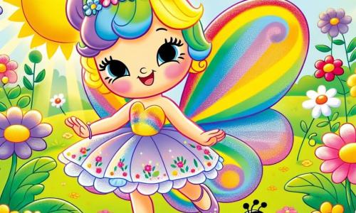 In a sunny garden, a little butterfly named Bella, with colorful wings that shine like a rainbow, joyfully dances among the flowers. Her face expresses joy and confidence, her eyes sparkling with happiness as she performs a beautiful twirl. Nearby, Leo, a small red ladybug with black spots, enthusiastically claps. He has a big smile on his face, showing his pride for his friend, and is jumping on a green leaf, encouraging Bella to keep dancing. The garden is filled with bright flowers, butterflies fluttering around, and sun rays illuminating the scene, creating a magical and joyful atmosphere. The main focus shows Bella, full of confidence, dancing gracefully and happily, surrounded by her friends who cheer her on, celebrating her bravery and zest for life.