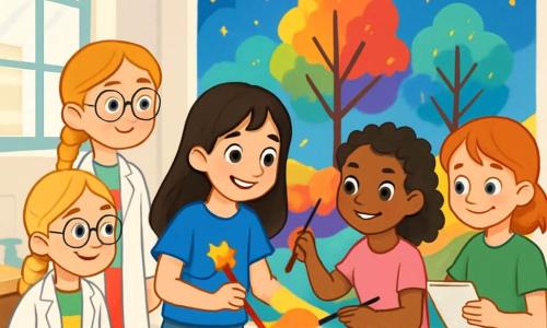 Er zijn 4 kinderen: - Sophie: een 11-jarig meisje met lang bruin haar en sprankelende ogen. Ze draagt een blauwe t-shirt met een verfpatroon en een denim short. Ze is bezig met het schilderen van een grote kleurrijke muurschildering met bomen in felle kleuren. - Emma: een 11-jarig meisje met blond gevlochten haar en ronde bril. Ze draagt een witte labjas en een kleurrijke broek. Ze observeert aandachtig de kleuren van de verf die Sophie gebruikt. - Noor: een 11-jarig meisje met krullend zwart haar en een stralende glimlach. Ze draagt een roze t-shirt en een bloemenrok. Ze staat naast Sophie, houdt een penseel vast en voegt details toe aan de muurschildering. - Anouk: een 11-jarig meisje met rood haar en sproeten. Ze draagt een groene t-shirt en een short. Ze staat iets achteraan, houdt een notitieboek vast en maakt aantekeningen over de kleuren en vormen. De locatie is een grote, lichte werkplaats met witte muren en ramen die zonlicht binnenlaten. Er zijn verfpotten in alle kleuren op houten tafels en penseel in verschillende maten verspreid. Achterin is er een enorme muurschildering in aanbouw, die een magisch landschap met kleurrijke bomen en een sterrenhemel weergeeft. De belangrijkste situatie toont de kinderen die creatief bezig zijn, lachend en elkaar aanmoedigend terwijl ze samen aan hun artistieke project werken, de muur vulend met felle kleuren en verbeelding.