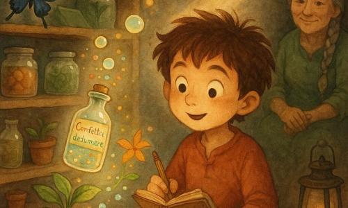 Lino, niño aprendiz de mago de 8 años, rostro redondo, pelo castaño despeinado, ojos grandes y curiosos, expresión maravillada y concentrada, toma notas en una pequeña libreta mientras observa; Maya, bruja de unos 40 años con trenza gris y vestido verde desgastado, sonríe con cariño desde la penumbra; un pequeño frasco etiquetado 